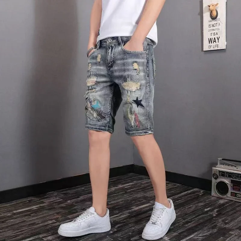 Man Denim Shorts Multi Color Ripped Harajuku Short Jeans Pants For Men Luxury Xxxl Sale With Vintage Cut Original Popular