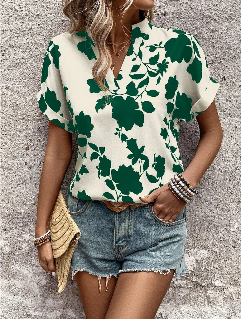 2025 Summer Women New Pullover V-Neck Patchwork Printed Fashion Slim Fit Comfortable And Versatile Short Sleeve Blouses Shirts