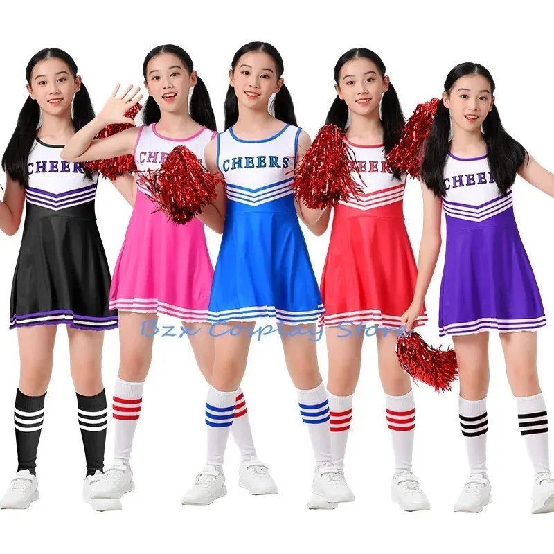 Costume da cheerleader per bambini e donne, uniformi da cheerleader per ragazze, abiti da ballo, gonne e fiori, abbigliamento per feste di Halloween