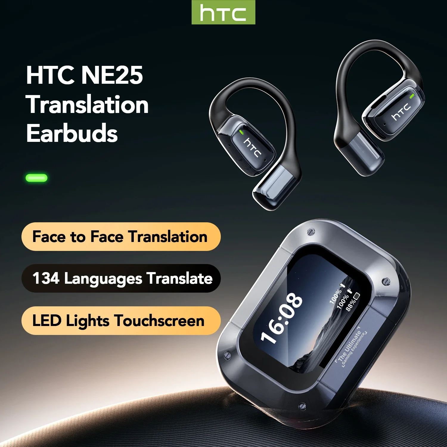 HTC NE25 Bluetooth Earphones AI Translator Earbuds Noise Lightweight Earbuds LCD Touch Screen Wireless Headphones 60h Long Life