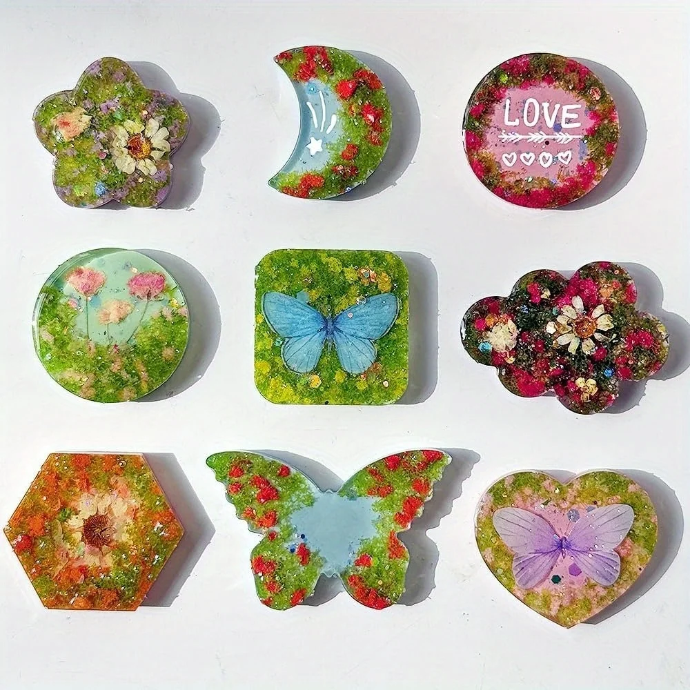 Multi-Shape DIY Resin Silicone Mold Suitable for /Epoxy Casting - Compatible for Retractable Badge Reel & Phone Grip Molds, for Phone Holder, Name Tag Holder, Jewelry Craft with Flower, Heart, Square, Moon, Butterfly Shapes