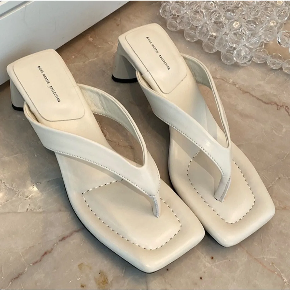 

Slippers for Women's 2026 Summer New PU Toe and Middle Heel Sandals Square Toe Flip Flops Beach Coarse Heel Sandals Women