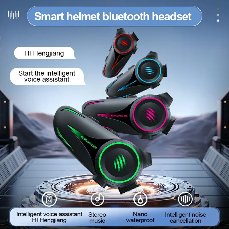 

A50 Мотоциклетная Bluetooth-гарнитура для шлема BT5.3 Мото наушники IPX6 Водонепроницаемый комплект громкой связи с трехцветной подсветкой