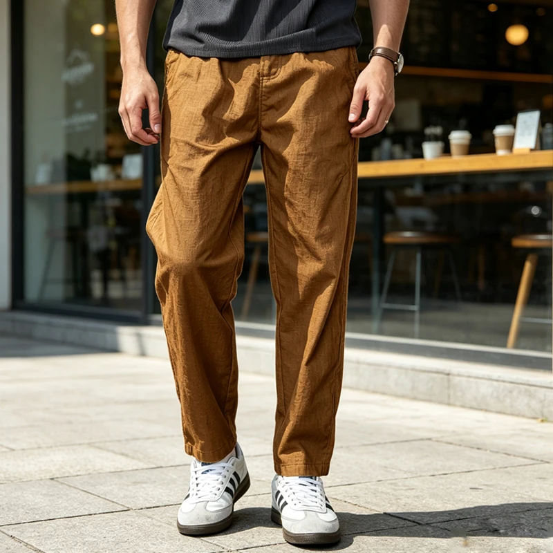 Men's Linen Pants High Waist Elastic Straight Leg Slim Fit Soft Breathable Lightweight Casual Trousers For Men Summer Daily Wear