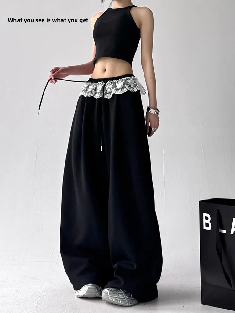 Novas calças de perna larga feminina verão 2025 cor pura renda solta casual coreano sle drapey esportes calças compridas