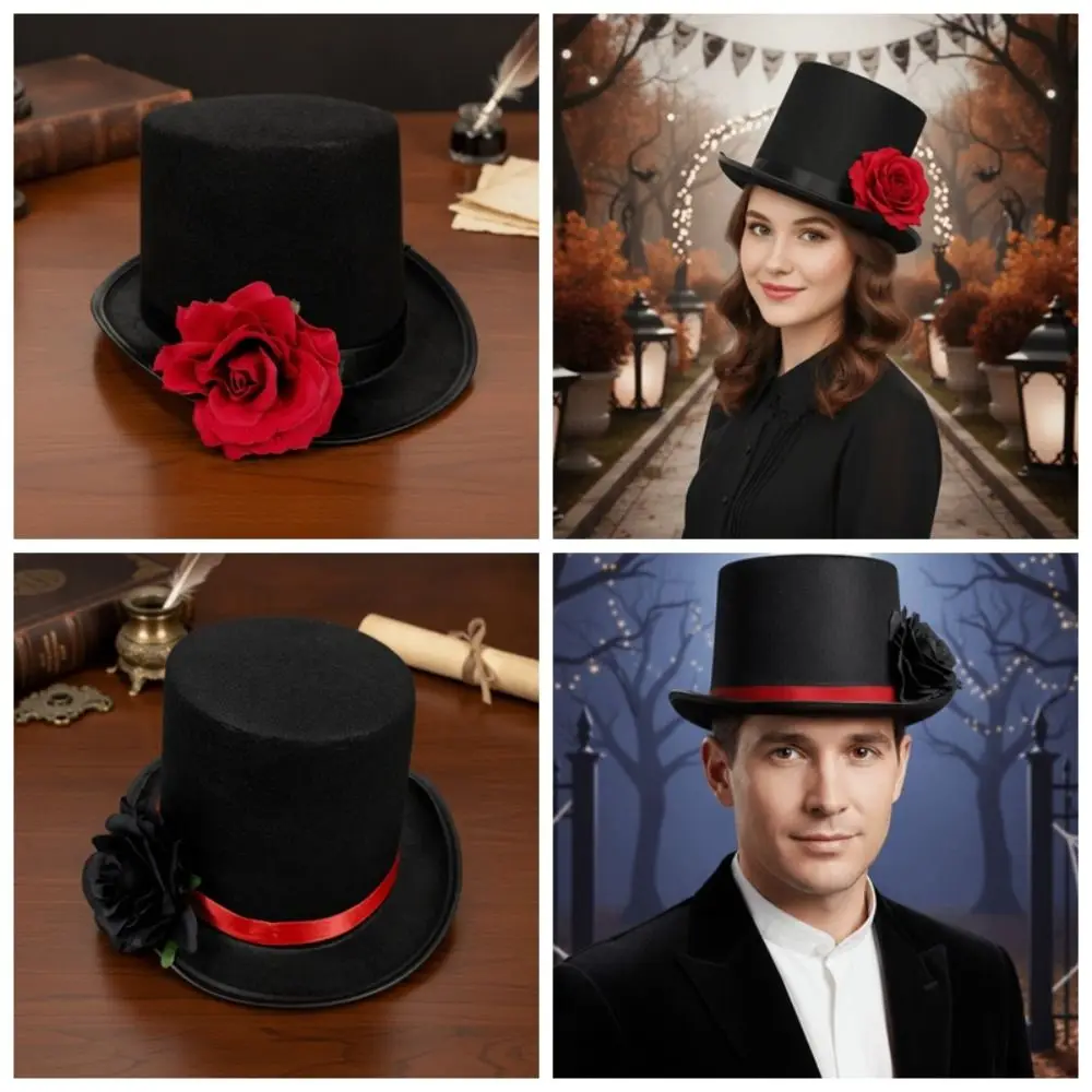 Artificial Rose Gothic Top Hat Classic Black Vibrant Red Magician Fedora Headwear Polyester Felt Wide Brim - view 5