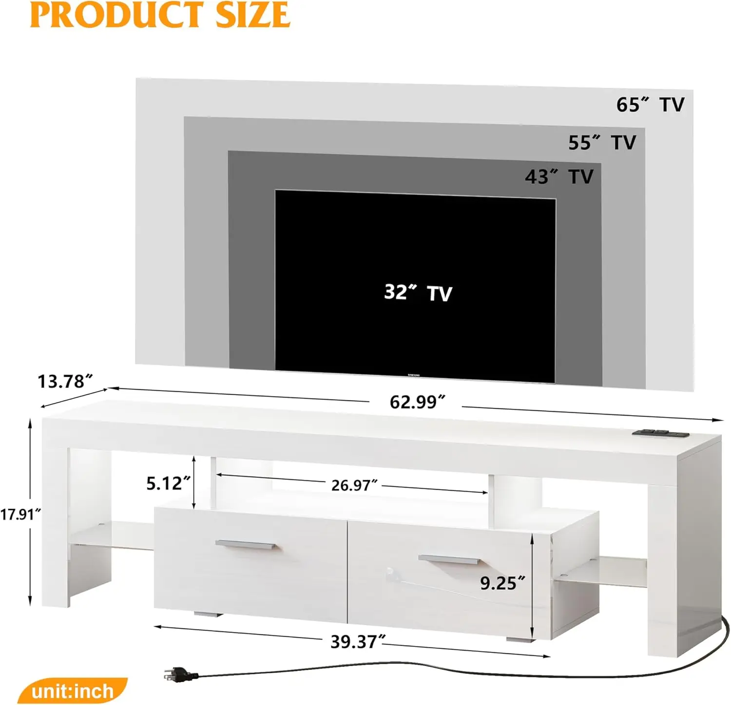 Support TV avec prise de courant et lumières LED, support TV moderne, 55 ", 65", 70 ", 75", centre de divertissement de jeu, cabine de console multimédia