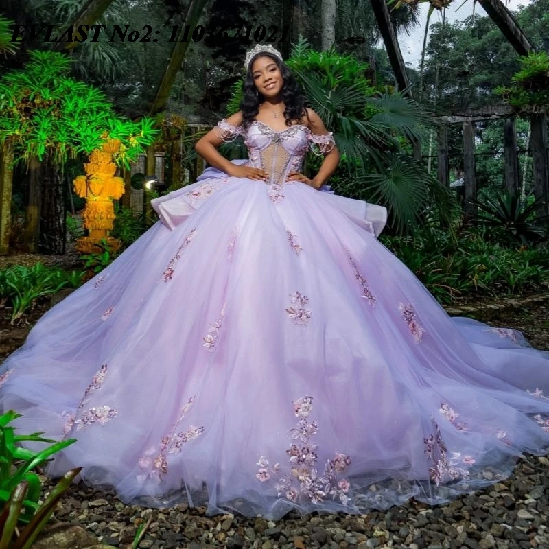 

EVLAST блестящее сиреневое платье Quinceanera по индивидуальному заказу с открытыми плечами и 3D цветочной аппликацией с бантом из бисера Sweet 16, Vestidos 15 Anos E2QA183