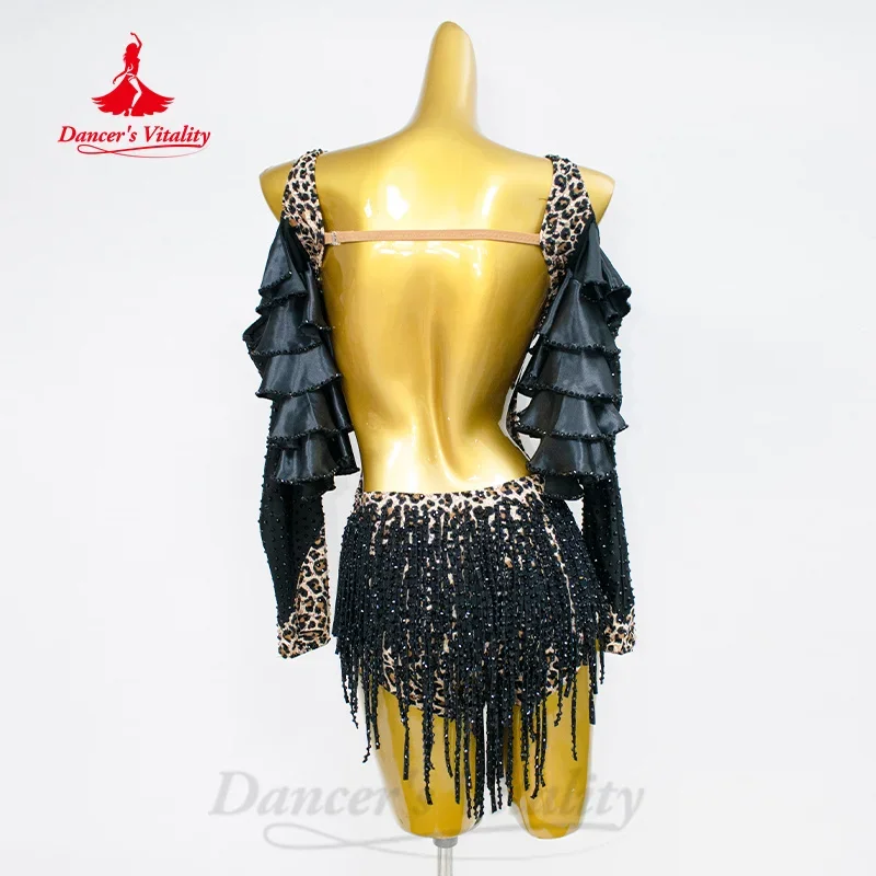 Vestidos de baile latino personalizados, vestido Sexy con estampado de leopardo y borlas, vestido de competición de Tango Samba Rumba para adultos y niños