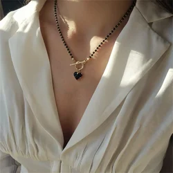 Fashionable Black Crystal Bead Necklace Crystal Zircon Heart-Shaped Pendant New 2024