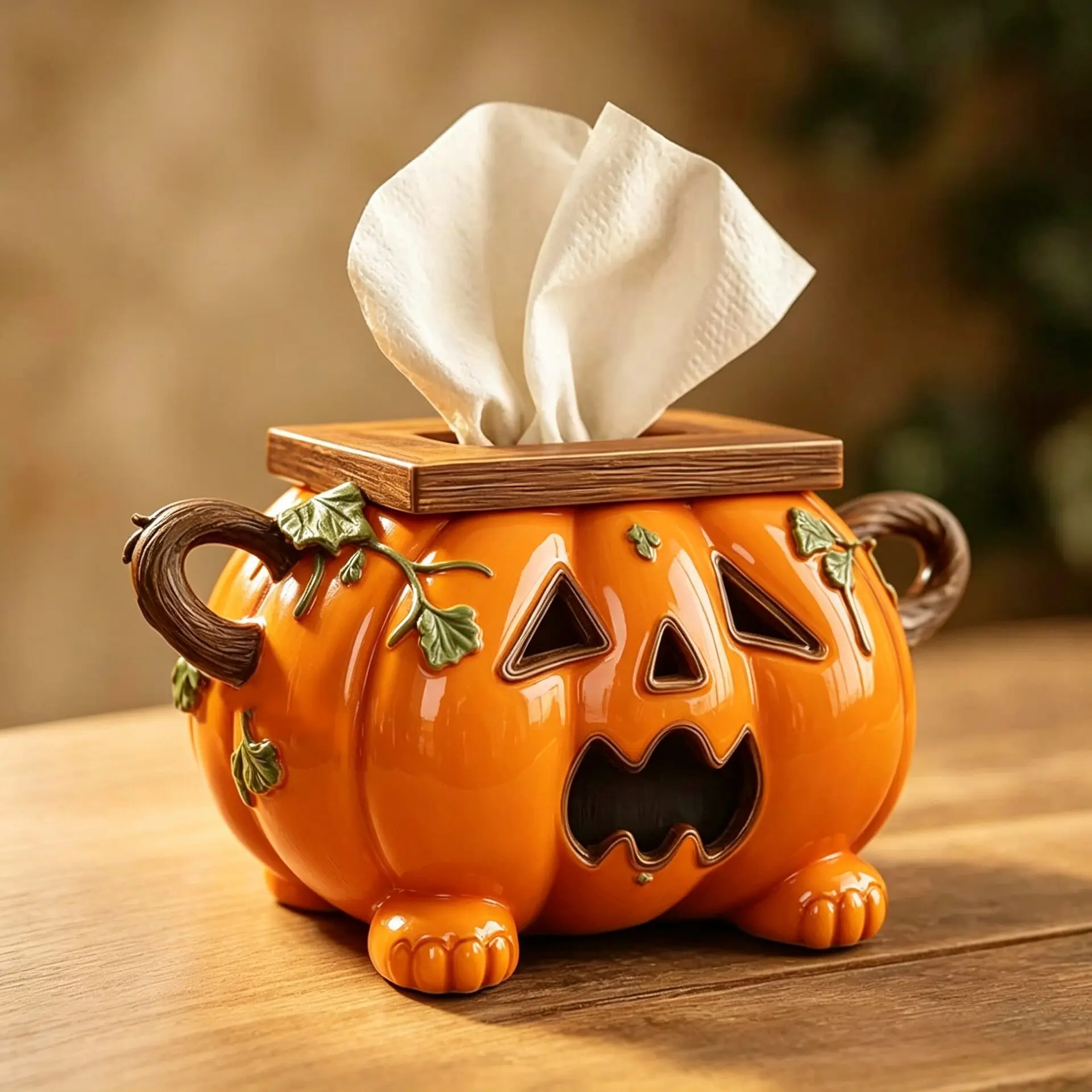 Handcrafted Halloween Pumpkin-Shaped Tissue Holder • Festive Resin Decoration for Tables & Shelves • Unique Autumnal Home Accent