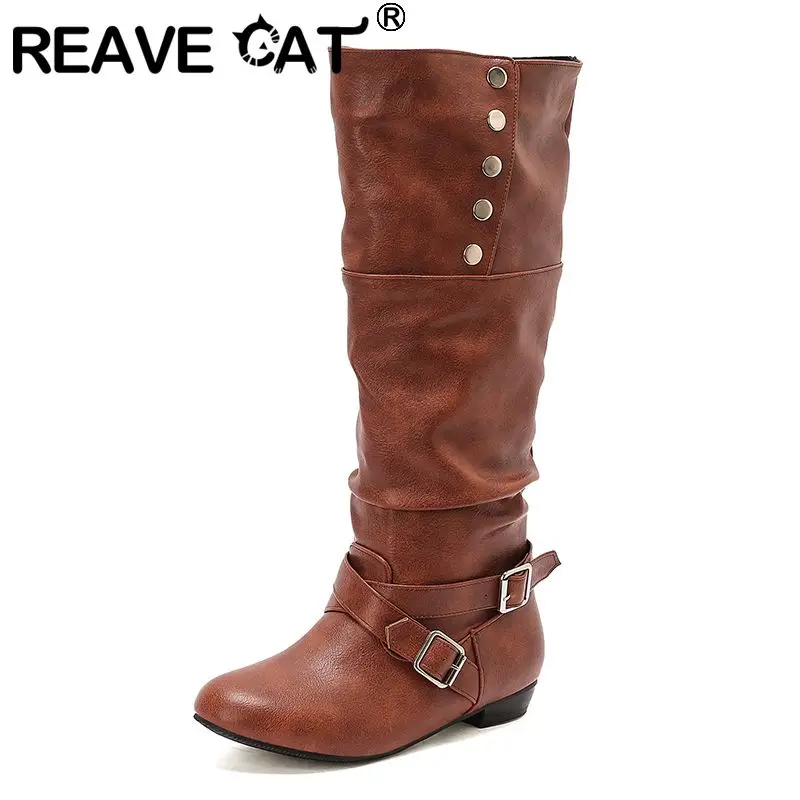 REAVE CAT Female 2026 Women Knee High Boots Pleated Round Toe Flats Slip On Rivets Belt Buckle Leisure Winter Plus Sizes 44-45