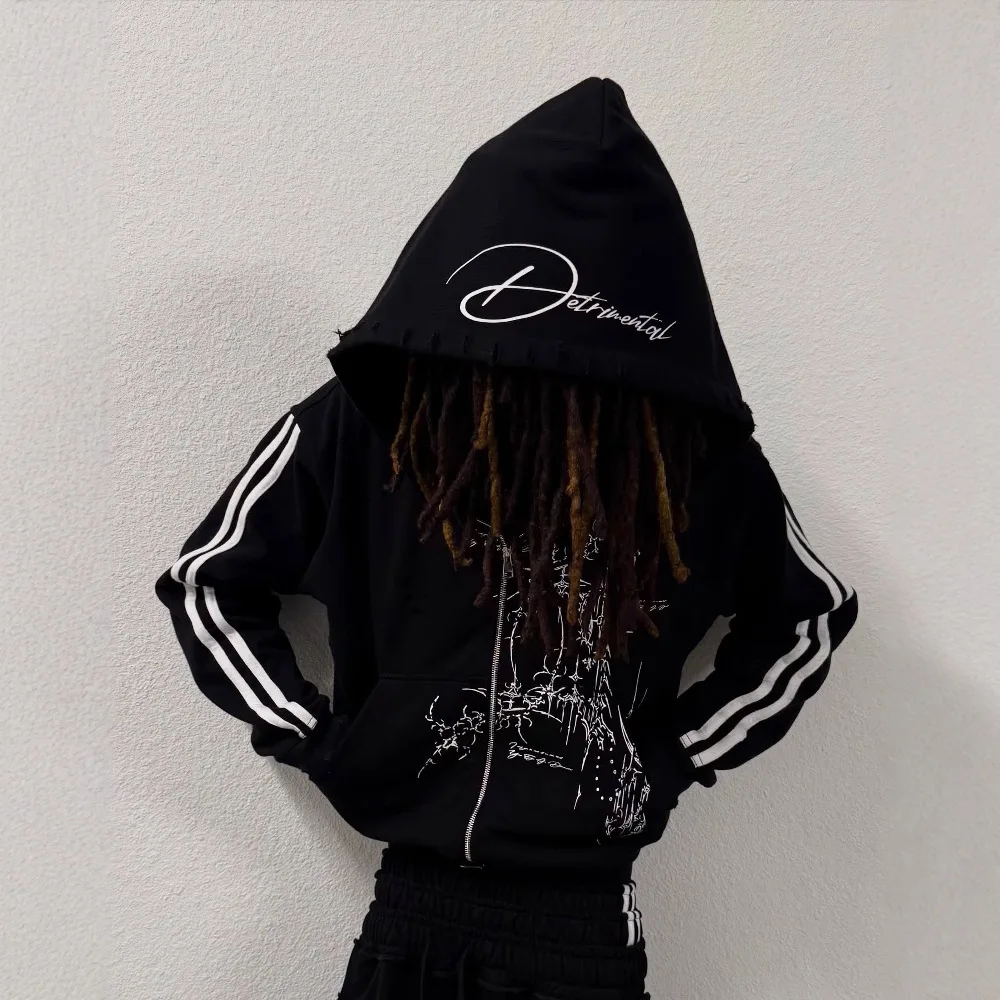 Gothic-Hoodie mit Dornen-Print und seitlichen Streifen, locker geschnitten, Y2K High Street, durchgehender Reißverschluss, Freizeitjacke für Damen und Herren – Detail 6