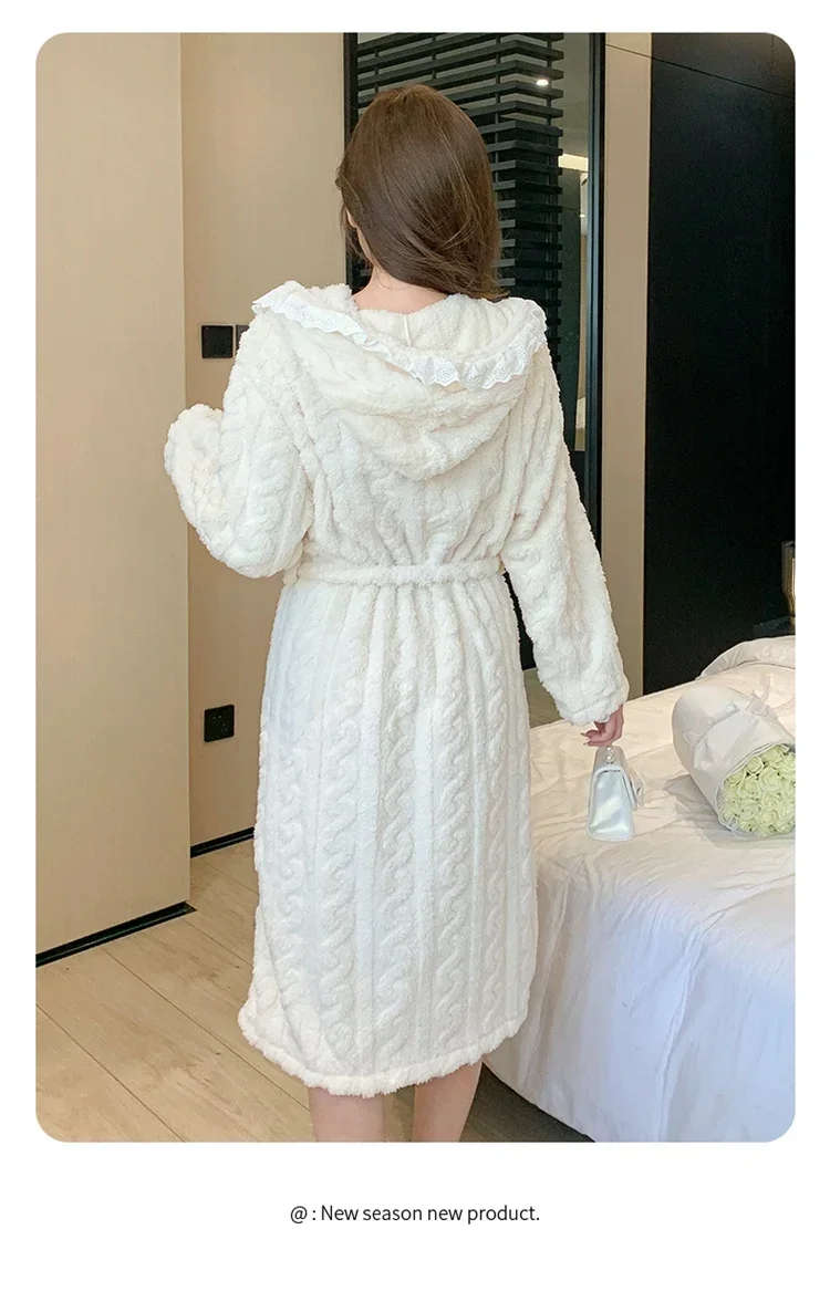 2023 Winter Long Sleeve Hooded Thick Warm Flannel Kimono Robes for Women Korean Loose Bathrobe Sleepwear Nightdress Night Dress