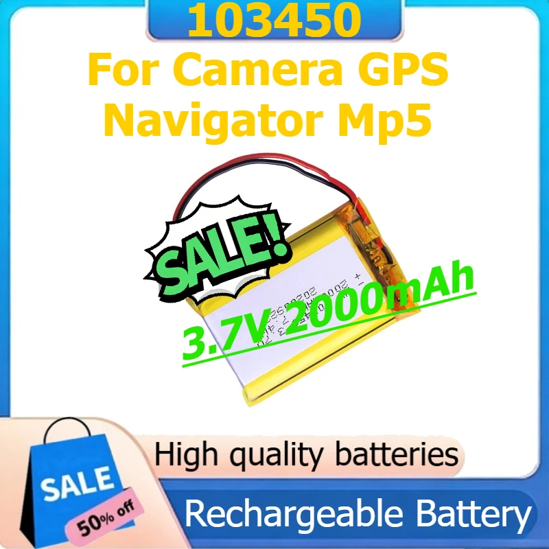 

103450 Polymer Lithium Rechargeable Battery Jst PH 2.0mm 2pin Plug for Camera GPS Navigator MP5 Bluetooth Headset 3.7V 2000mAh
