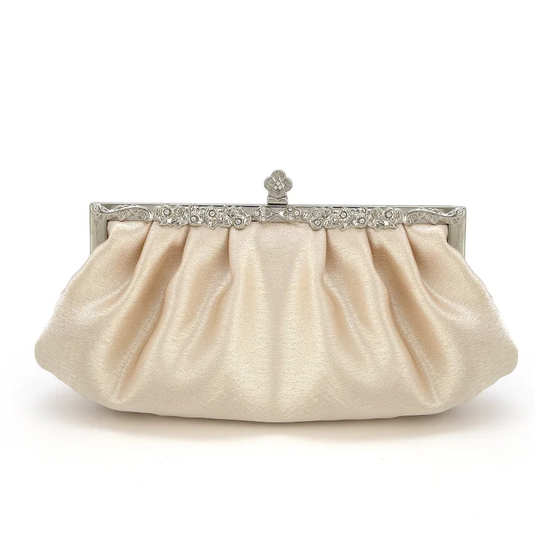 

satin pleated clutch bag, light luxury rhinestone mouth gold dinner bag