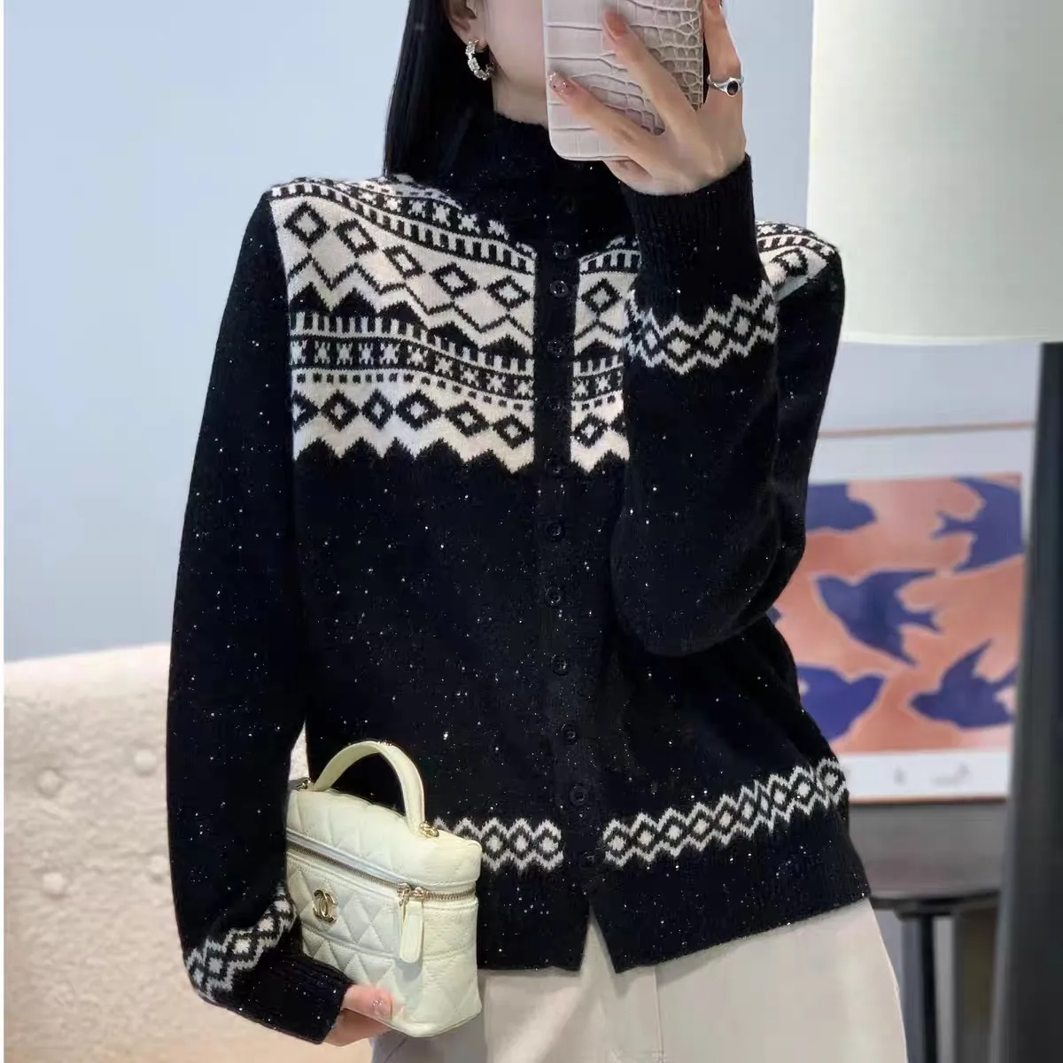 

Jacquard stand-up collar sequin wool knitted cardigan women's black versatile temperament age-reducing bottom European sweater