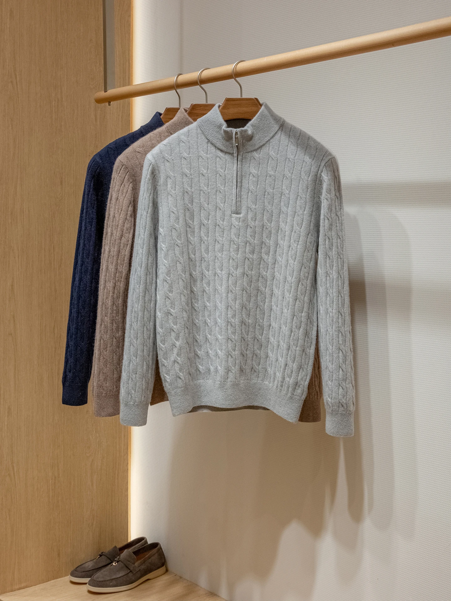 Textura floral 100% cachemira, suéter de cachemira con media cremallera para hombre