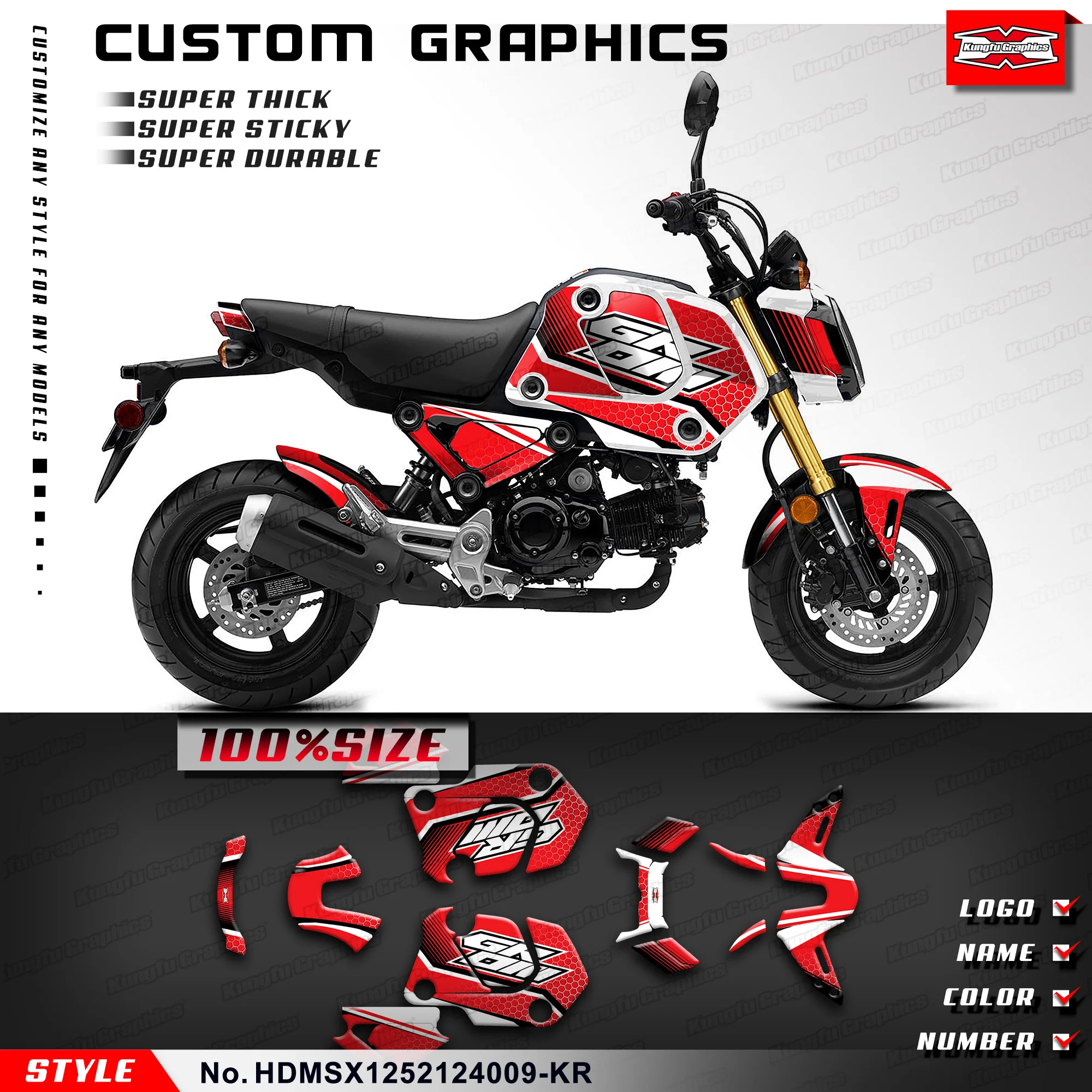 KUNGFU GRAPHICS Sticker Kit Graphics Kit for HONDA Grom MSX 125 2021 2022 2023 2024 Pocket Bike, Minibike,HDMSX1252124009-KR