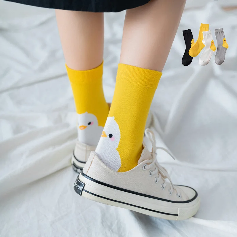 Women Socks Little Yellow Duck New Japenese Korean Style Pattern Kawaii Cute Harajuku Happy Colourful Short Cotton Socks Spring