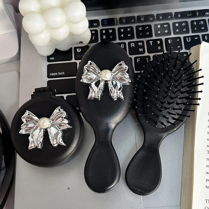 Pearl Bowknot Comb Mini Bow Compact Portable Foldable Airbag Air Cushion Massage Mirror Comb Portable Travel Girl Hair Combs