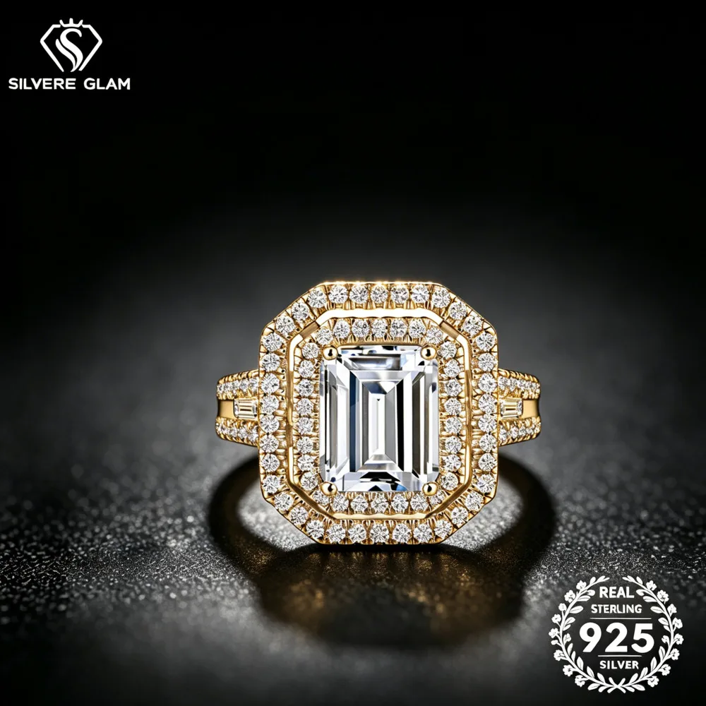 925 Sterling Silver 3CT Emerald Double Halo Accent Ring D VVS1 Moissanite Multi Tone Luxury Wedding Fine Jewelry For Women