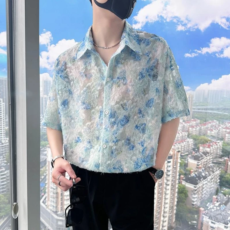 

Sophisticated Men's Butterfly Print Half Sleeve Shirt in Flowy Ice Silk Fabric with Minimalist Design and Trendy Appeal
