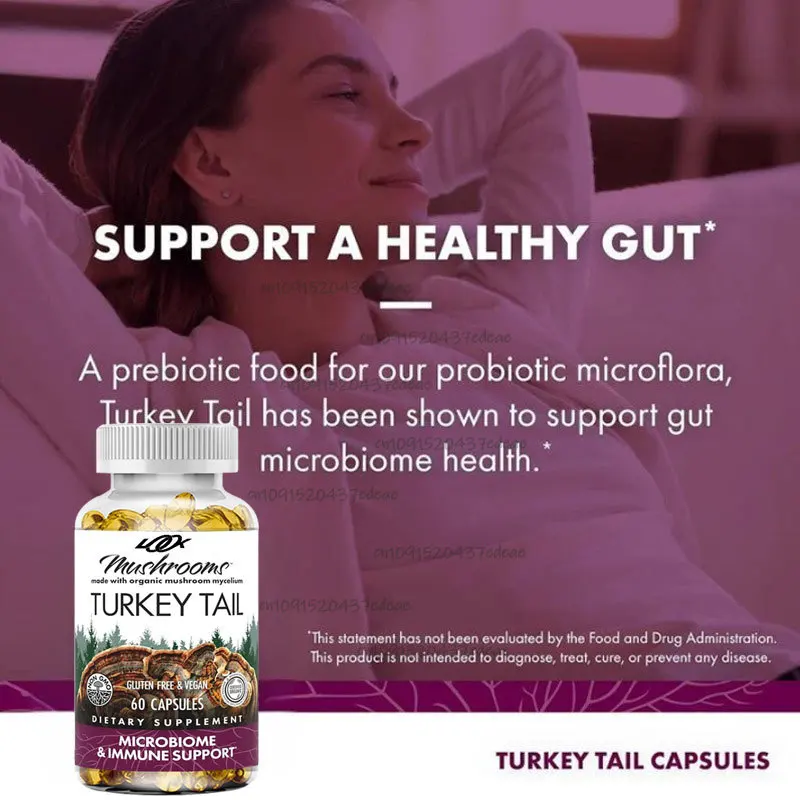 Turkey Tail Capsules, Natural Immune System and Digestive Support, Mushroom Supplement, Odorless, 60 capsules