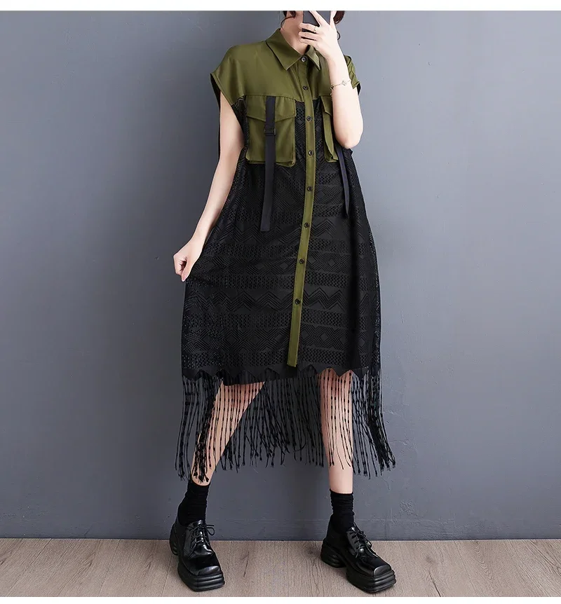 Korean Fashion Women's Military Style Patchwork Lace Dress One Piece Harajuku Style Unique Slimming Body Covering Summer Dress