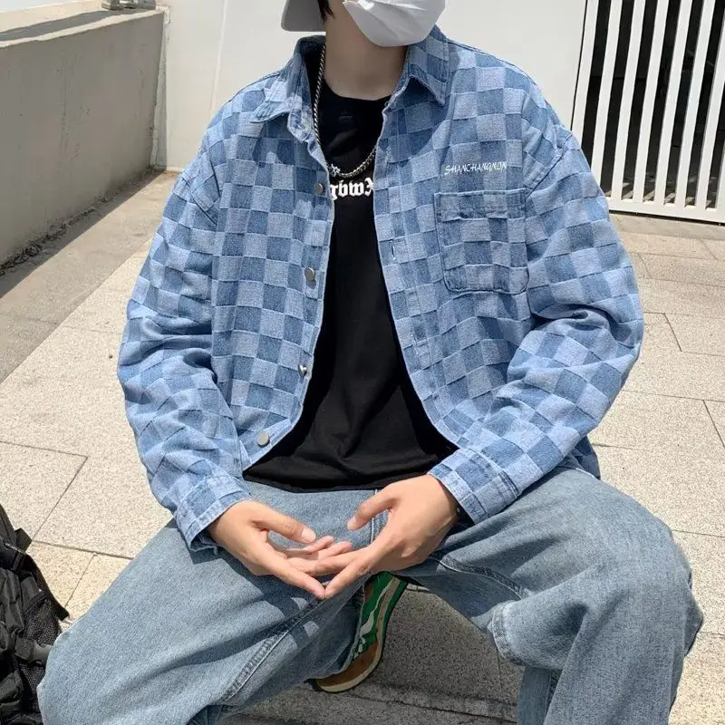 

Клетчатое ковбойское пальто на пуговицах для мужчин, свободная одежда-джокер, модная оригинальная винтажная модная повседневная джинсовая куртка в стиле пастушки в стиле пастушки, мужские куртки