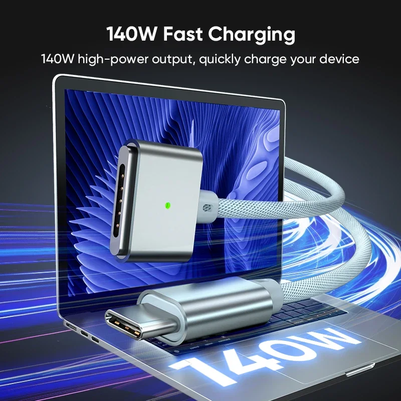 كابل AUFU USB C إلى مغناطيسي 3 لأجهزة الكمبيوتر المحمول 140 وات كابل مغناطيسي من النوع c لأجهزة MacBook Air Pro Mag-Safe 3 سلك شاحن 2 متر