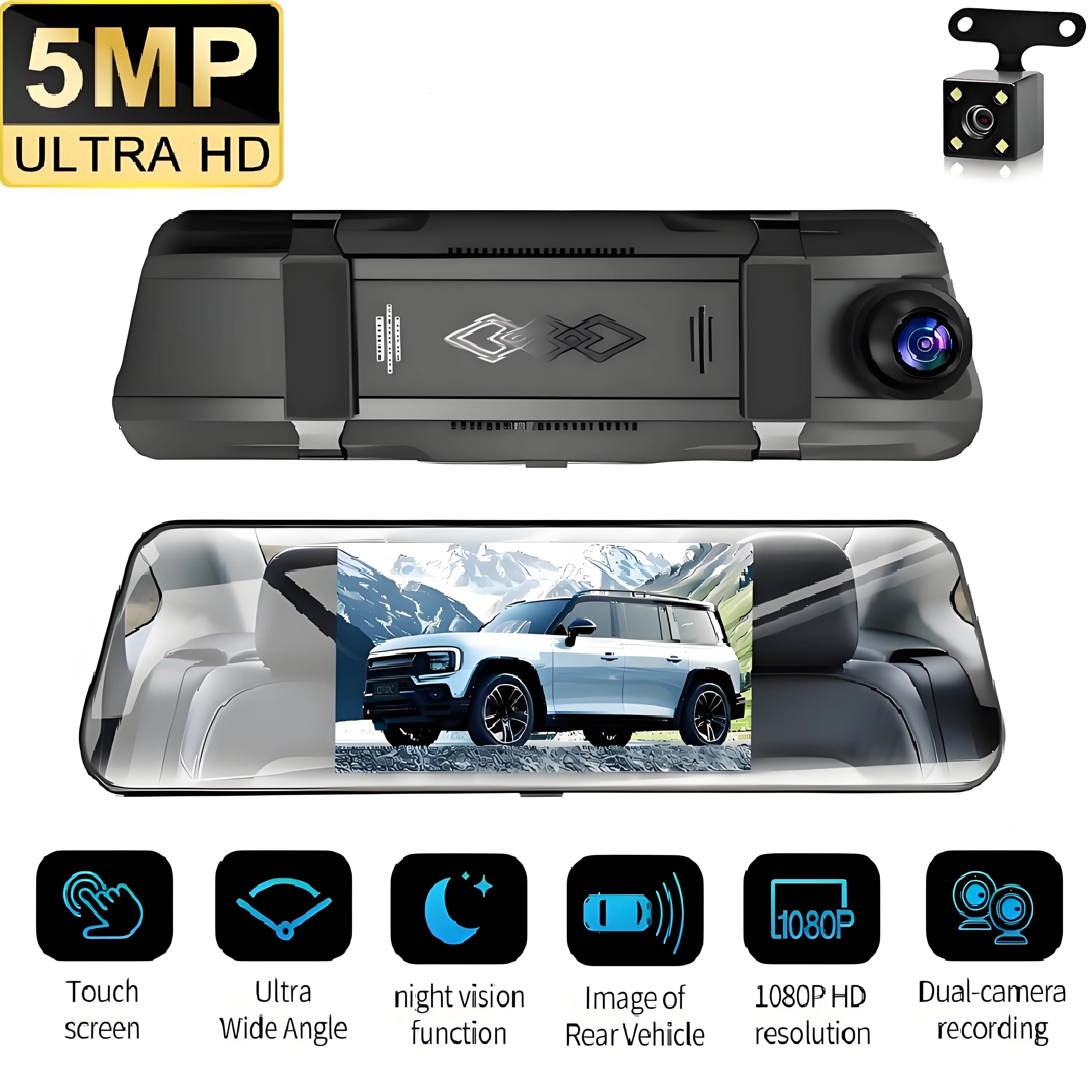 5MP Mirror Camera Car Touch Screen Video Recorder Rearview Mirror Dashcam DVR Black Box Optional Dual Lens DVR Rearview Dash Cam