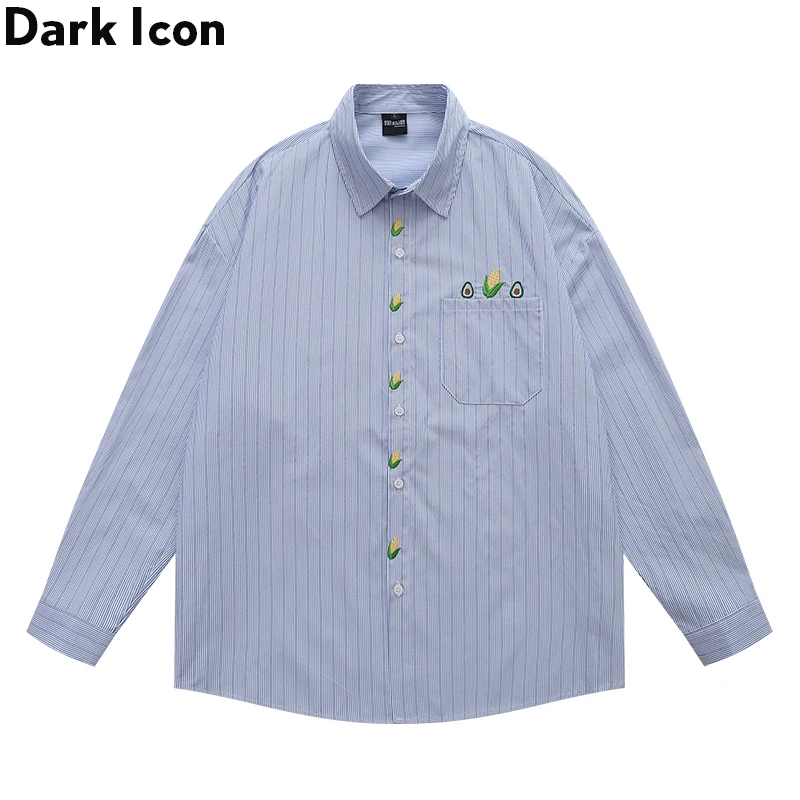 

Dark Icon Retro Embroidered Vertical Stripe Long Sleeve Shirt for Men and Women, Loose Casual Shirt
