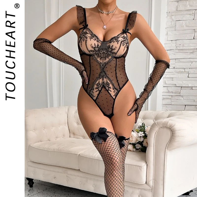 

Toucheart Sexy Lingerie Jumpsuit Set for Women Flower Embroidery Polka Dot Hollow Perspective Sexy Mesh Underwear Jumpsuit Set