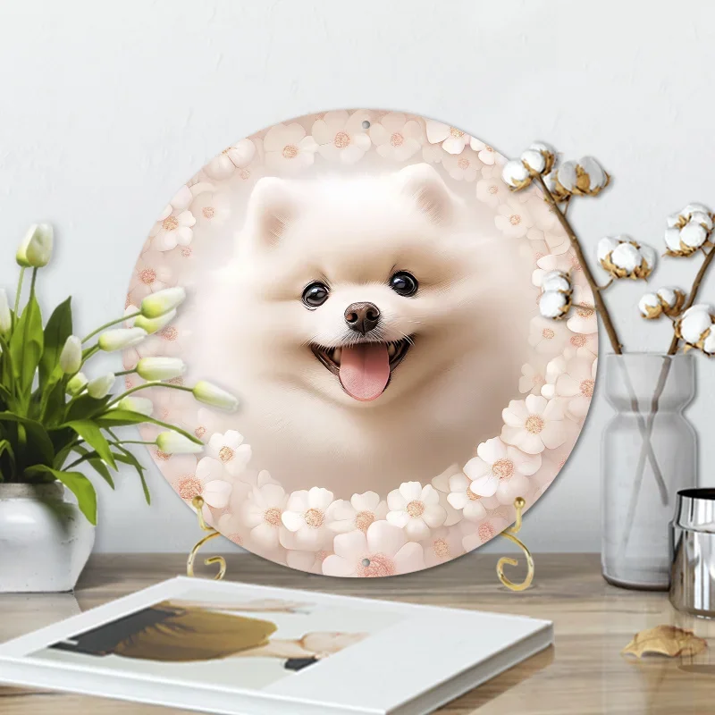 A White Pomeranian Puppy Is Sitting In A White Circle, Perfect For room Decoration ,wall decor home decoration accessories