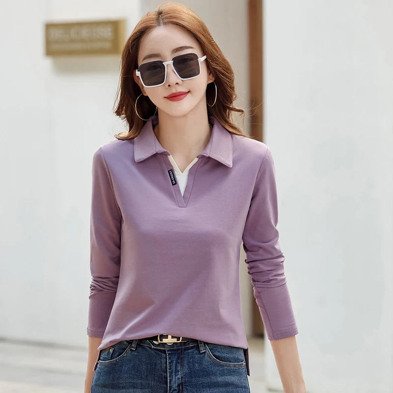 Korean Autumn Woman Polo Neck Shirt Cotton Solid Color Long Sleeve T-Shirt Patchwork Women’s Polo Shirts For Women 2024