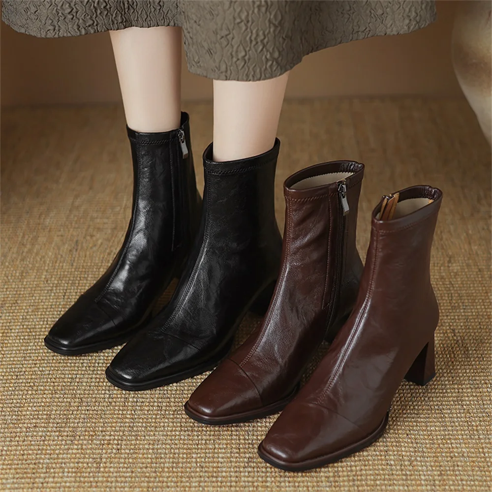 Taoffen Classic Stretch Boots Women Side Zipper Chunky Heel Autumn Winter Ankle Boots Elegant Prom Party Women Booties Handmade