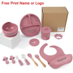 11Pcs Silicone Feeding Sets For Baby Personalized Name Children's Tableware Suction Cup Plates Bowl Spoon Feeding Cups BPA Free