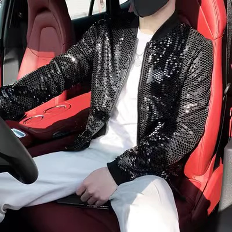 Silver Sequin Windbreaker Jacket Men Luxury Fashion Autumn Gothic Singer Stage Costume Lightweight Streetwear Hip Hop Coat Men