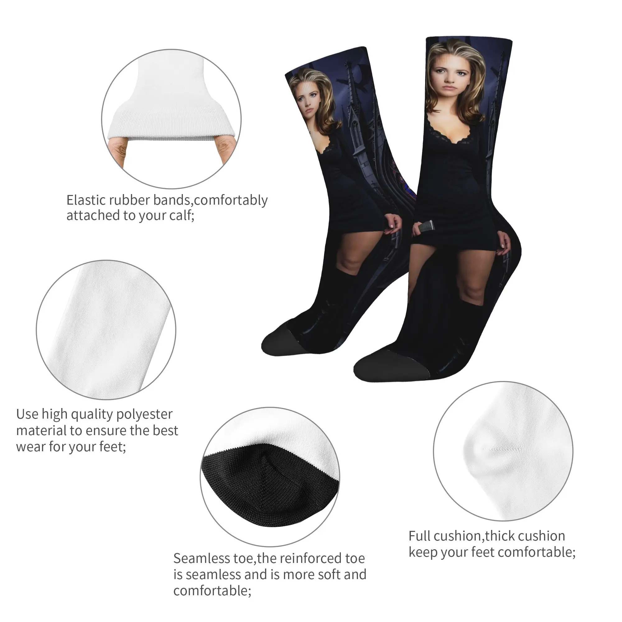 Fashion Buffy the Vampire Slayer Football Socks Horror Movie Halloween Polyester Middle Tube Socks for Unisex Sweat Absorbing