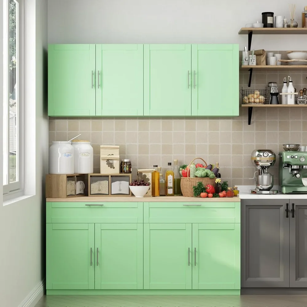 Wall-Mounted Kitchen Pantry with Doors, Drawers & Adjustable Shelves, Kitchen Cupboard Storage Cabinet for Living Room