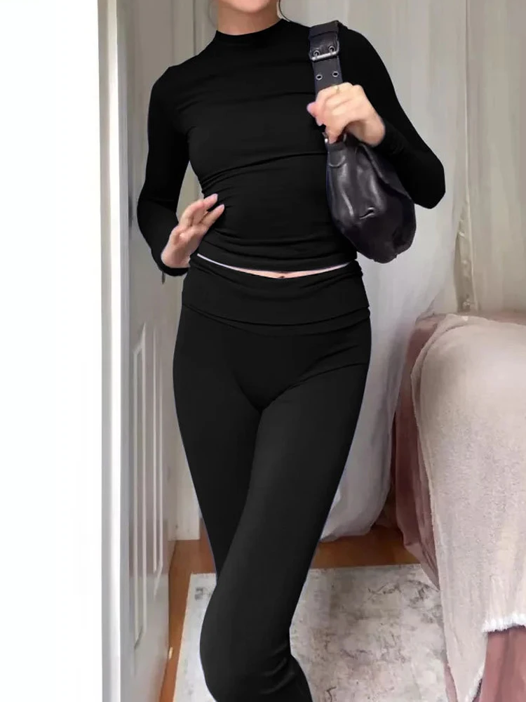 Women Casual Slim Fit 2 Piece Set Solid Long Sleeve Soft Lounge Set High Waist Pants Tops Matching Suit Vintage Chic Outfits