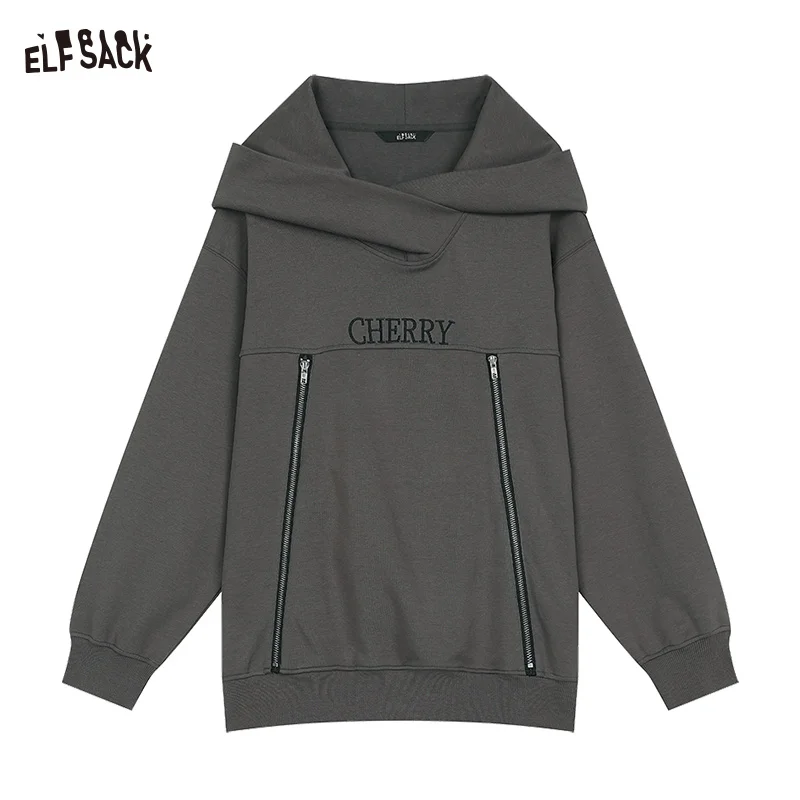 ELFSACK 2024 Autumn New Arrive Zipper letter gray hooded sweatshirt for women, designed with a loose fit top