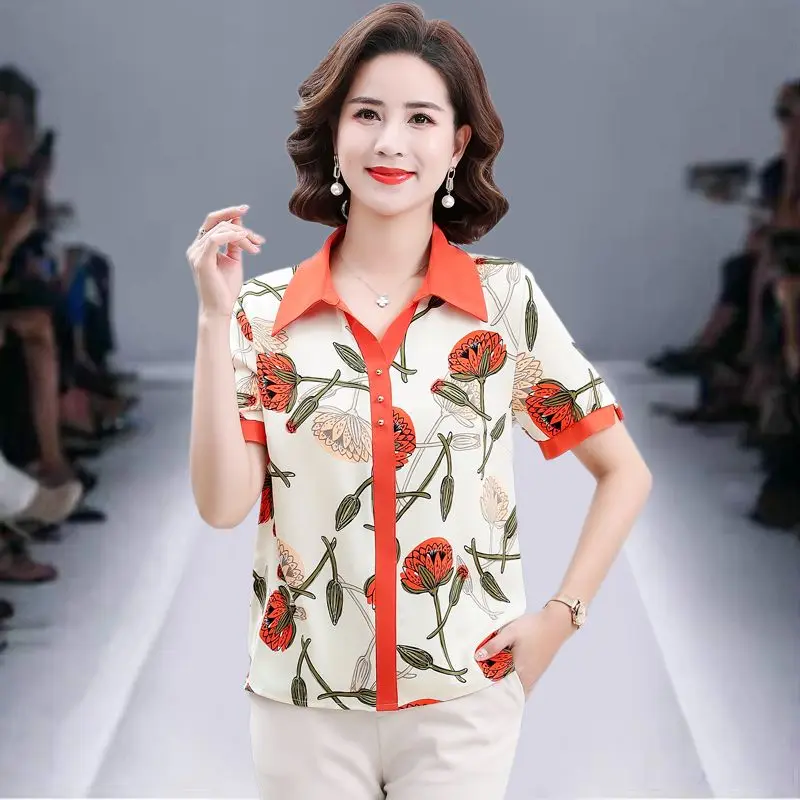 

Summer Short-sleeved T-shirt Chiffon Women's Fashionable New Lapel Top