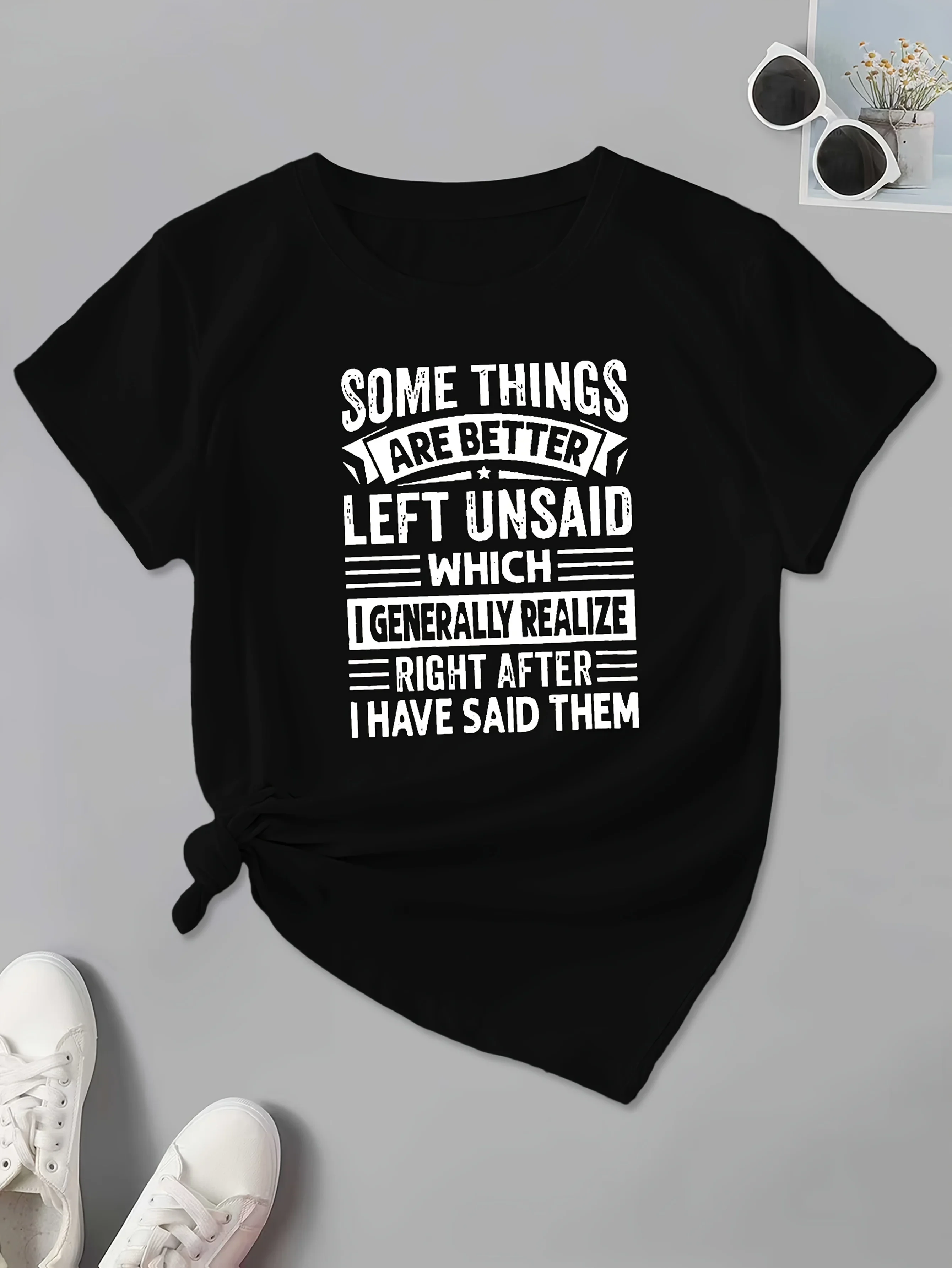 플러스 사이즈 캐주얼 여성용 티셔츠 - "언어로 표현할 수 없는 것들은 말하지 말아야 한다" 문구 - 약간 신축성 있음, 크루넥, 기하학적 무늬