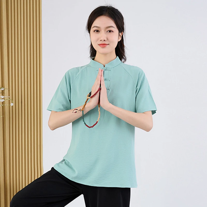 New Summer Tai Chi Uniform Top Loose Fit Pure Cotton Martial Arts Practice New Chinese Style Women's T-shirt Large Size view 2