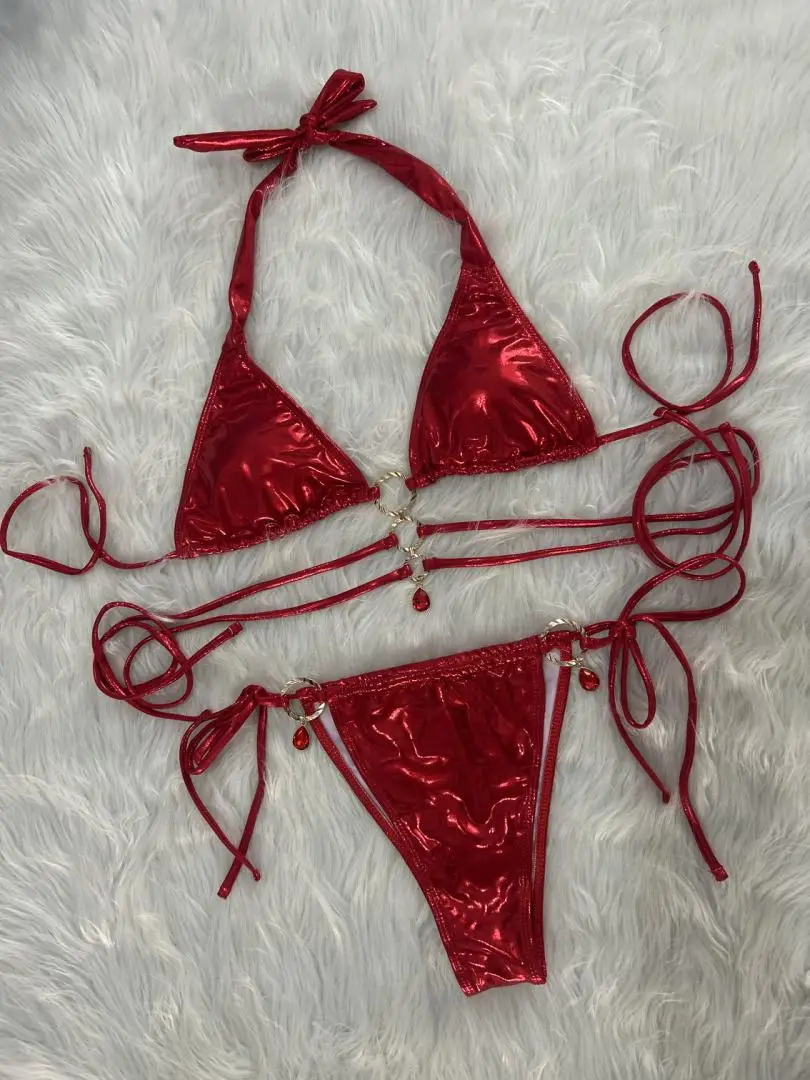 Crystal Diamond Solid Color Bikini Women's Tie-Up Two-Piece Triangle Cup Swimsuit Metal Ring Beachwear