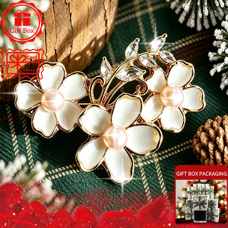 Triple-Flowers Brooch with Gift Box, Cute and Elegant Style. Suitable for Holiday Gifts. Good for Daily & Banquet Wear.