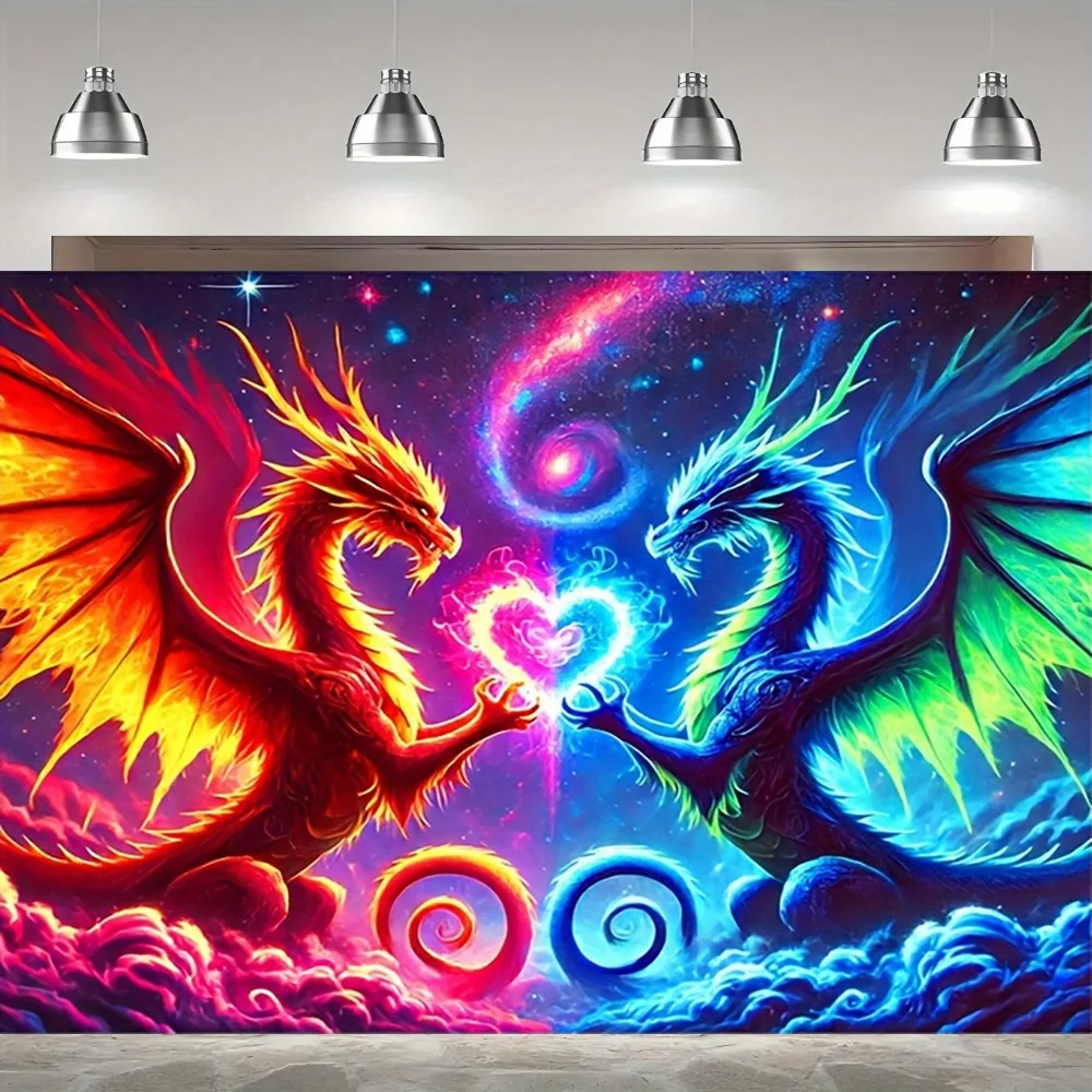 Fire and Ice Dragon Tapestry, Yin Yang Fantasy Art Wall Hanging, Colorful Mythical Creature Decor, Neon Galaxy Bedroom Backdrop