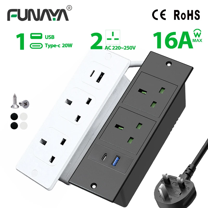 

FUNAYA Desk Hidden Mountable Extension Sockets UK MK Plug USB Type-c PD 250V Outlet Recessed Power Strip Furniture Power Socket
